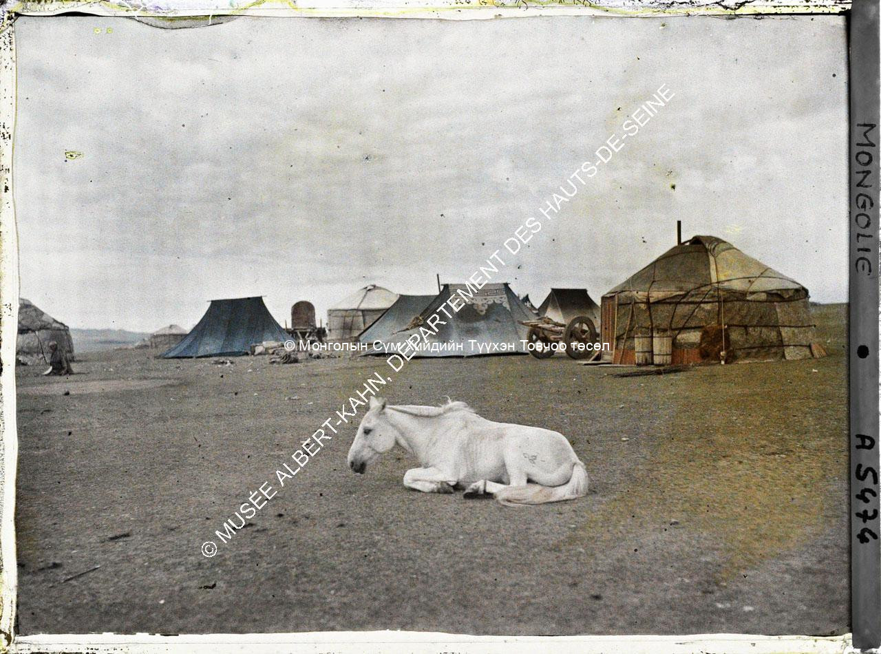 A horse in front of yurts and tents, near Gandan (?). Musée Albert-Kahn. A 5474. Photo by Stéphane Passet, July 1913